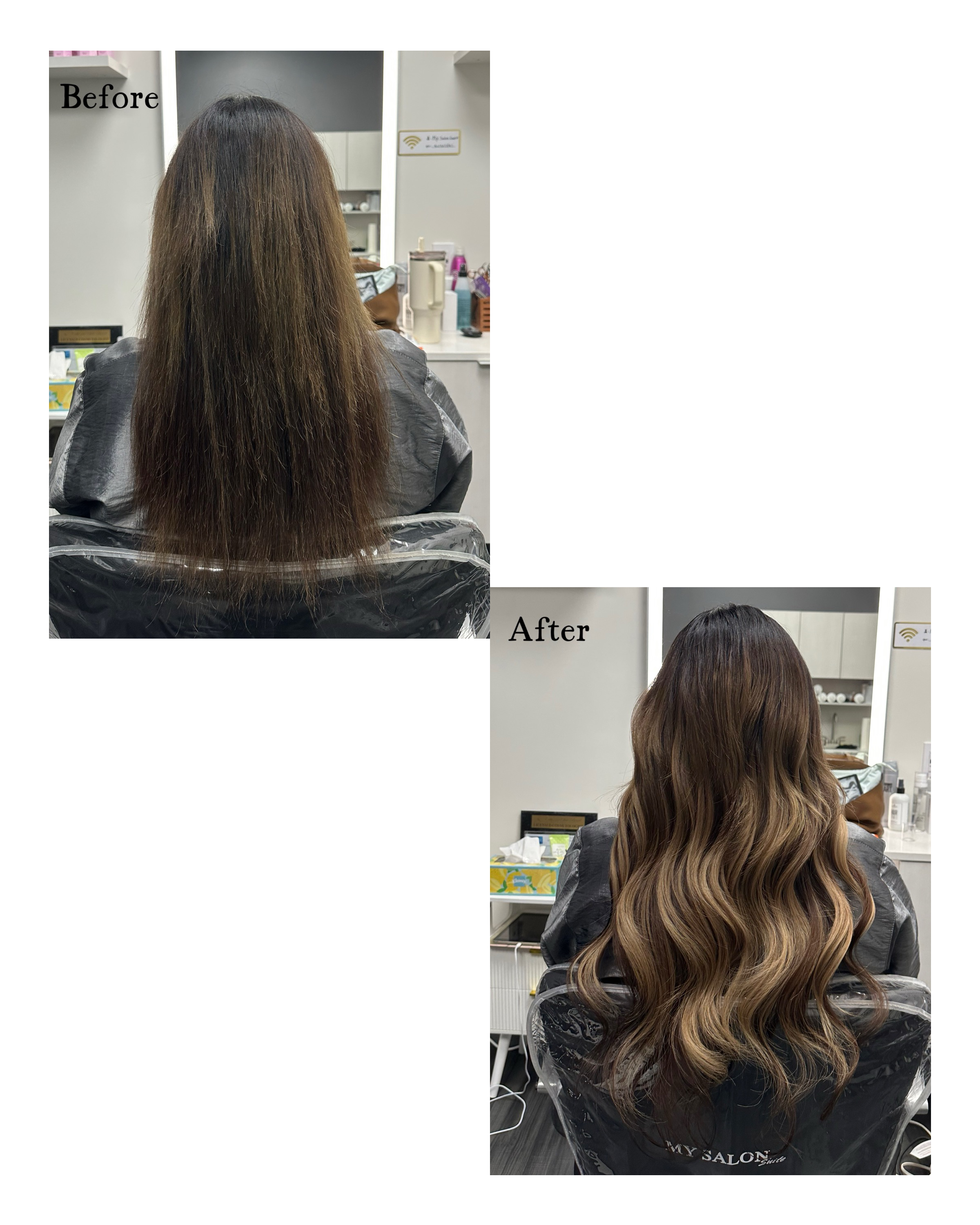 Before and after hair extension transformation