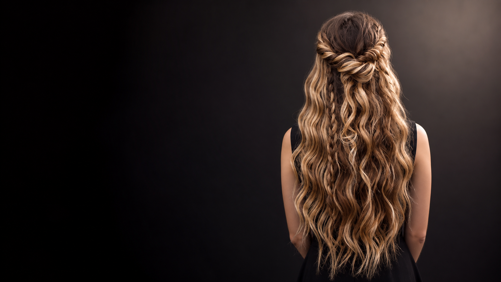 Long caramel-bronde hair extensions styled with a crown braid and soft waves